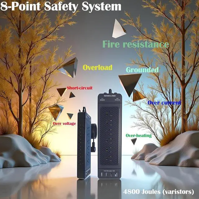 Alt view image 3 of 7 - Surge Protector Power Strip Heavy Duty 10 ft Cord High Joules Protection (4800J)/18AC outlets/USBs (2A+2C PD20W)/1875W/15A,Flat Plug,Commercial,Industrial,Office,Home,College,Black,Insurance Coverage