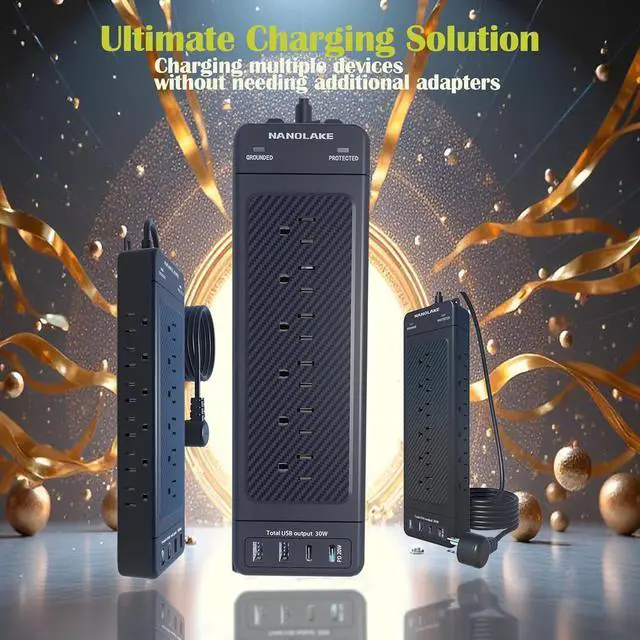 Alt view image 4 of 7 - Surge Protector Power Strip Heavy Duty 10 ft Cord High Joules Protection (4800J)/18AC outlets/USBs (2A+2C PD20W)/1875W/15A,Flat Plug,Commercial,Industrial,Office,Home,College,Black,Insurance Coverage