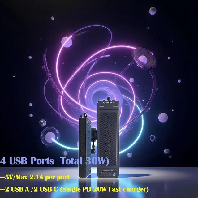 Alt view image 6 of 7 - Surge Protector Power Strip Heavy Duty 10 ft Cord High Joules Protection (4800J)/18AC outlets/USBs (2A+2C PD20W)/1875W/15A,Flat Plug,Commercial,Industrial,Office,Home,College,Black,Insurance Coverage