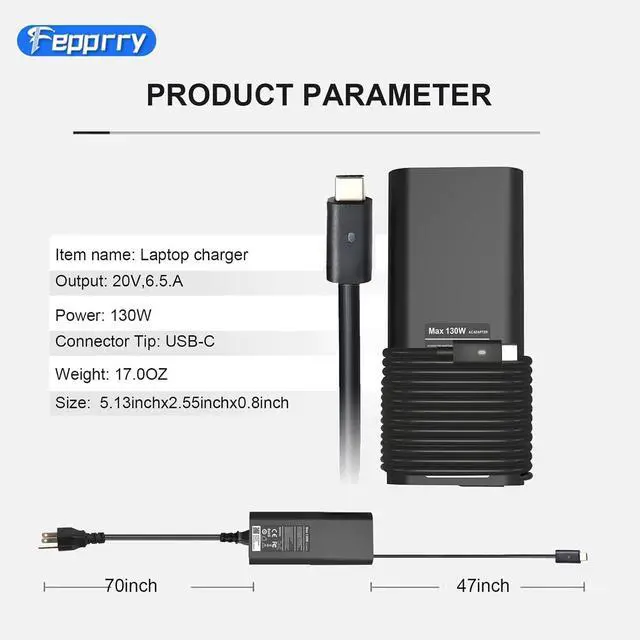 Alt view image 3 of 6 - Replacement 130W USB C Laptop Charger Compatible with Dell XPS 15 2in1 9575 9510 9500 9520 XPS 17 9700 9710 9720, Precision 5530 2in1 5550 5560 5750 3560 3550 3551 DA130PM170 HA130PM170
