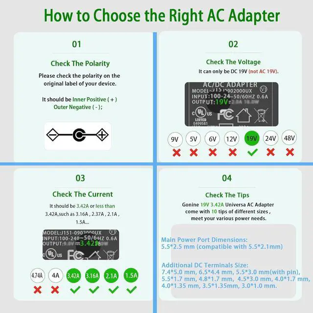 Alt view image 3 of 7 - Gonine 19V Laptop Charger, DC 19V 3.42A Power Supply Cord, 19Vdc 65W 60W 45W AC to DC Power Adapter Compatible for 19Volt Gateway Toshiba Acer Laptop, JBL Speaker, Samsung LG LCD Monitor.