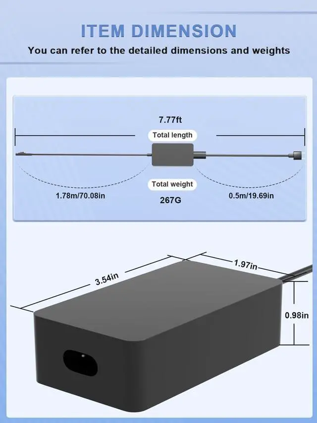 Alt view image 4 of 7 - Surface Charger 65W Fit for Microsoft Surface Pro 3 4 5 6 7 7+ 8 9 10 X Surface Laptop 7 6 5 4 3 2 1, Surface Book 3 2 1 Surface Go 4 3 2 1 Tablet Windows Power Adapter Cord with 5V USB Port