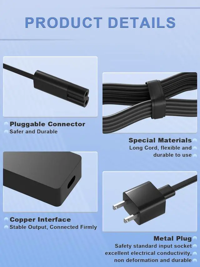 Alt view image 7 of 7 - Surface Charger 65W Fit for Microsoft Surface Pro 3 4 5 6 7 7+ 8 9 10 X Surface Laptop 7 6 5 4 3 2 1, Surface Book 3 2 1 Surface Go 4 3 2 1 Tablet Windows Power Adapter Cord with 5V USB Port