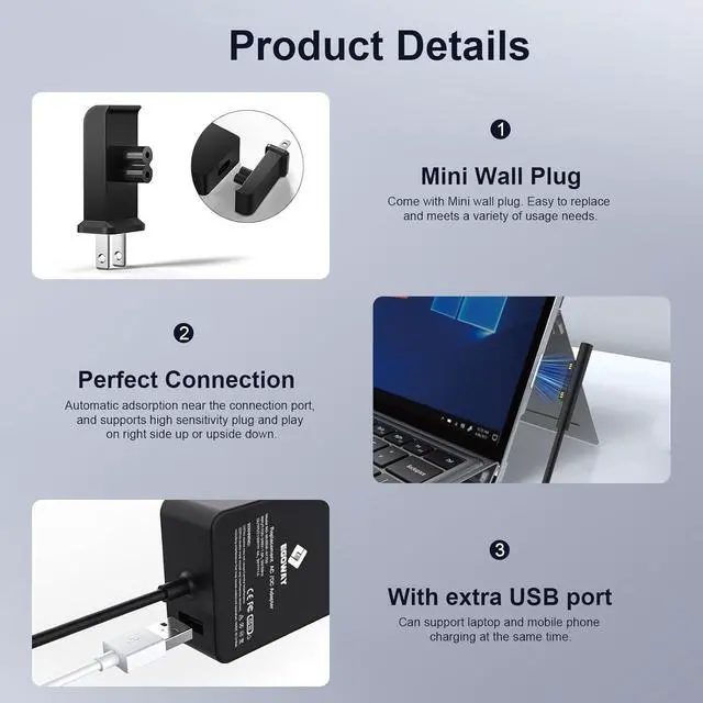 Alt view image 2 of 7 - Surface Pro Charger 65W, Surface Laptop Charger for Microsoft Surface Pro 9/8/7+/7/6/5/4/3 Surface Laptop 5/4/3/2/1/Studio, Surface Book 2/1, Surface Go 3/2/1 Support 44W, 36W,6FT Power Cord