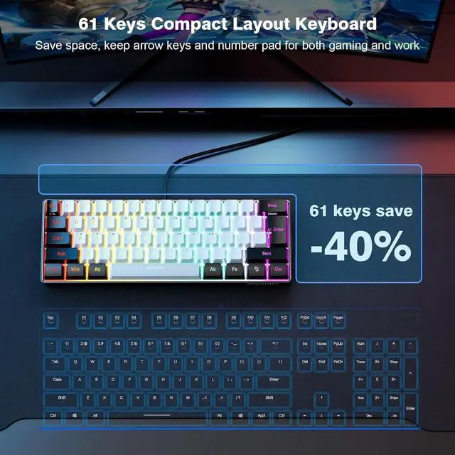 Alt view image 3 of 7 - Snpurdiri 60% Wired Gaming Keyboard, 61 Keys RGB Backlit Ultra-Compact Small Gaming Keyboard, for PC/Mac Gamer, Typist, Travel, Easy to Carry on Business Trip(Black-White)