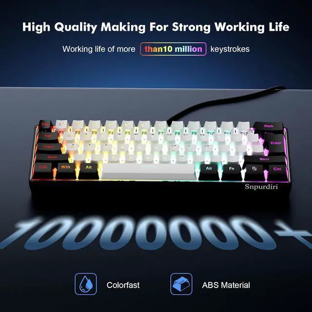 Alt view image 4 of 7 - Snpurdiri 60% Wired Gaming Keyboard, 61 Keys RGB Backlit Ultra-Compact Small Gaming Keyboard, for PC/Mac Gamer, Typist, Travel, Easy to Carry on Business Trip(Black-White)