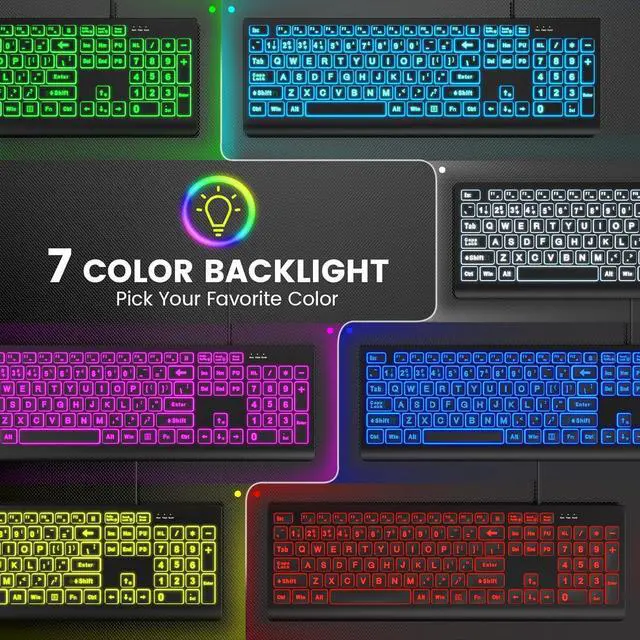 Alt view image 2 of 7 - SABLUTE Large Print Backlit Keyboard, Wired USB Lighted Computer Keyboards with 7-Color & 4 Modes Backlit, Oversize Letters Keys Easy to See and Type, Keyboard Compatible for PC, Laptop