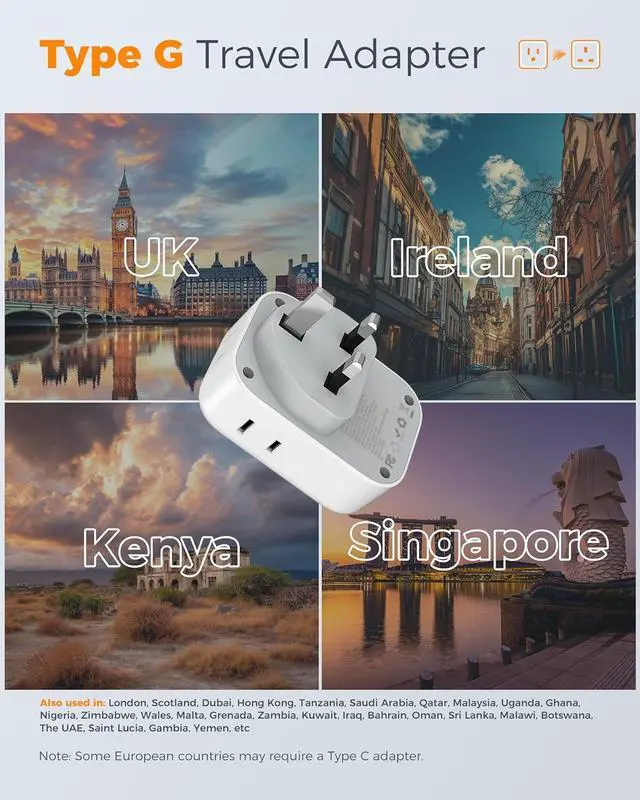 Alt view image 2 of 7 - US to UK Plug Adapter, TESSAN Type G Travel Converter with 3 USB Charger(1 USB C Port), 4 Outlets Power Adaptor for USA to Qatar Ireland Hong Kong England Scotland Kenya Dubai London British