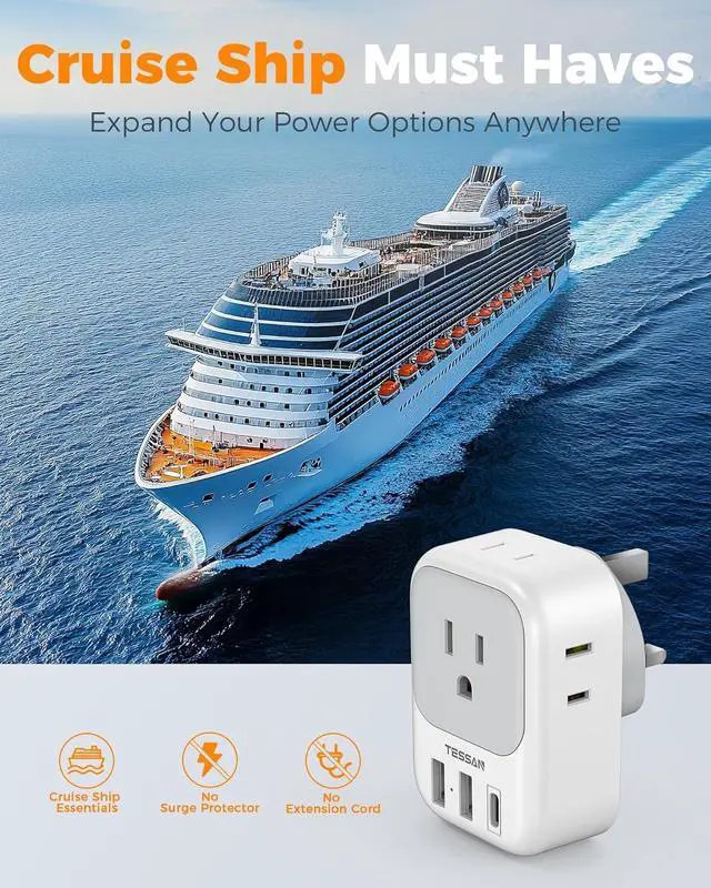 Alt view image 7 of 7 - US to UK Plug Adapter, TESSAN Type G Travel Converter with 3 USB Charger(1 USB C Port), 4 Outlets Power Adaptor for USA to Qatar Ireland Hong Kong England Scotland Kenya Dubai London British