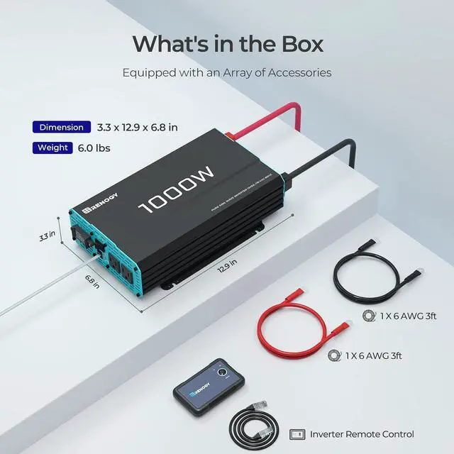 Alt view image 3 of 7 - Renogy 1000W Pure Sine Wave Inverter 12V DC to 120V AC Converter for Home, RV, Truck, Off-Grid Solar Power 110V with Built-in 5V/2.1A USB Port, Hardwire Remote Controller