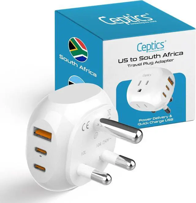 Main image of Ceptics South Africa Travel Adapter - 5 Input with QC 3.1A Dual USB and USB-C - Ultra Compact - Light Weight - USA to Any Type M Countries Such as Namibia, Botswana and More (PTU-10L), White