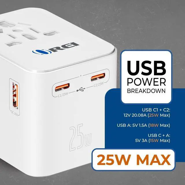Alt view image 2 of 7 - OREI World Travel Plug Adapter - 2 USB + 1 Universal Outlets - Slots for Europe, Asia, China, Japan, Africa - Perfect for Cell Phones, Tablets, Cameras and More