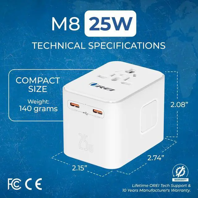 Alt view image 3 of 7 - OREI World Travel Plug Adapter - 2 USB + 1 Universal Outlets - Slots for Europe, Asia, China, Japan, Africa - Perfect for Cell Phones, Tablets, Cameras and More