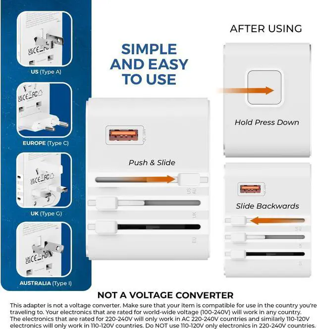 Alt view image 5 of 7 - OREI World Travel Plug Adapter - 2 USB + 1 Universal Outlets - Slots for Europe, Asia, China, Japan, Africa - Perfect for Cell Phones, Tablets, Cameras and More
