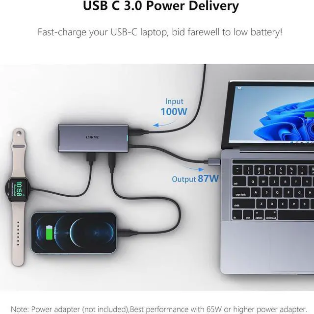 Alt view image 6 of 7 - USB-C Laptop Docking Station for Triple Monitor | 7-in-1 Dock with DP 4K@160Hz/8K@30Hz + Dual HDMI 4K@60Hz, 10Gbps USB A/C, 100W PD | Laptop Dock for Windows/Mac
