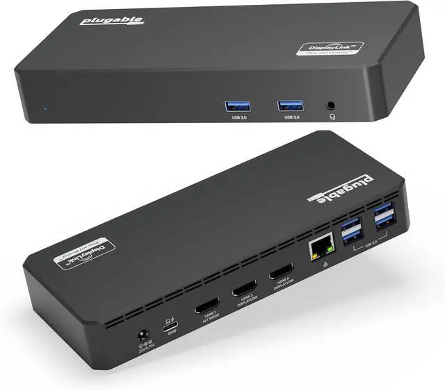 Main image of Plugable USB C Triple Display Docking Station with Laptop Charging, for Thunderbolt, USB4, or USB C Systems, Compatible with Windows, macOS, ChromeOS laptops (3x HDMI, 6x USB 5Gbps Ports, 100W USB PD)