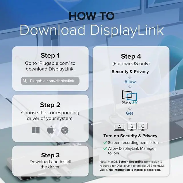 Alt view image 6 of 7 - Plugable Dual DisplayPort & HDMI Docking Station - USB 3.0 & USB-C Laptop Dock for Dual Monitors, DisplayLink, Mac (Driver Required), ChromeOS & Windows, Gigabit Ethernet and Audio (UD-6950Z)