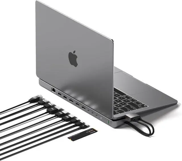 Alt view image 7 of 7 - Satechi Dual USB C Docking Station and Stand with Dual 4K HDMI, Display Port, 75W USB-C PD Charging, 2 USBC Data, 2 USB-A, Ethernet, SATA and NVMe SSD Enclosure, for MacBook and Windows