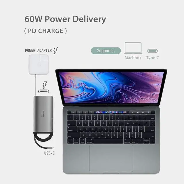 Alt view image 4 of 7 - Opro9 8-in-1 USB-C Hub with 3 USB 3.0 Ports, Dual Monitor Laptop Docking Station, 4K HDMI, USB-C Power Delivery, SD/TF Card Reader & Ethernet, Portable for MacBook Pro and Other Type-C Laptops (Gray)