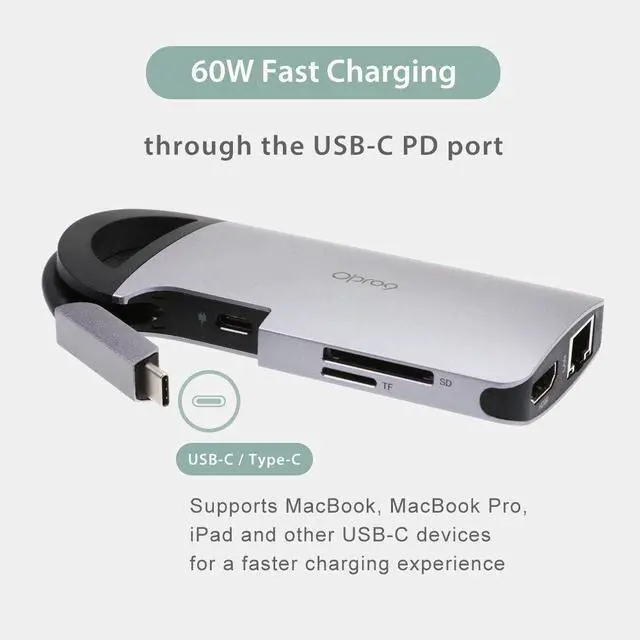 Alt view image 5 of 7 - Opro9 8-in-1 USB-C Hub with 3 USB 3.0 Ports, Dual Monitor Laptop Docking Station, 4K HDMI, USB-C Power Delivery, SD/TF Card Reader & Ethernet, Portable for MacBook Pro and Other Type-C Laptops (Gray)