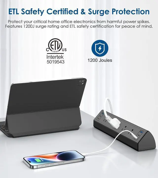 Alt view image 3 of 7 - Jgstkcity Desk Clamp Power Strip USB C,40W Total Fast Charging Station,4 PD 20W USB C Ports,Desk Edge Mount Surge Protector,5 Outlets,Fit 1.96" Tabletop Edge,ETL Listed