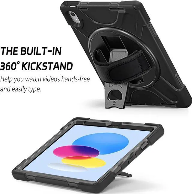 Alt view image 2 of 7 - ZenRich Shockproof Case for iPad 11th (A16)/iPad 10th Generation 10.9 inch 2025/2022, Heavy Duty Rugged Case with Pencil Holder/360° Rotating Kickstand/Handle/Carrying Strap, Black