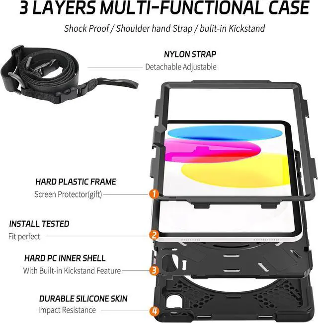 Alt view image 7 of 7 - ZenRich Shockproof Case for iPad 11th (A16)/iPad 10th Generation 10.9 inch 2025/2022, Heavy Duty Rugged Case with Pencil Holder/360° Rotating Kickstand/Handle/Carrying Strap, Black