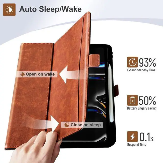 Alt view image 7 of 7 - Handcrafted Case Only for iPad Pro 13 Inch 2024 M4 A2925 A2926 with Pencil Holder & Hand Strap & Pocket,Magnetic Closure,Multi Angles Stand,PU Leather Folio Cover,Auto Sleep/Wake,Brown