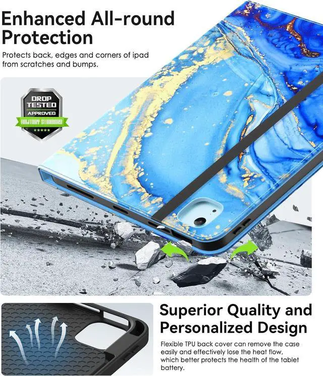 Alt view image 7 of 7 - Case for iPad Air 11-inch M3/ M2 (2025/2024), iPad Air 5th/ 4th Generation 10.9'' (2022/2020), iPad Pro 11 (4th/3rd/2nd/1st Gen), Multi-Angle Stand Cover with Pencil Holder, Marble Blue