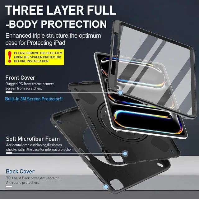 Alt view image 2 of 7 - SUPFIVES Case for iPad Pro 13 Inch 2024 (7th Gen), Upgraded Military Shockproof TPU Protective Cover with Screen Protector/Shoulder Strap/Pencil Holder/Handle/Rotating Stand, Black