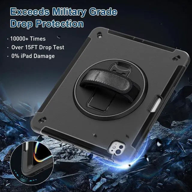 Alt view image 3 of 7 - SUPFIVES Case for iPad Pro 13 Inch 2024 (7th Gen), Upgraded Military Shockproof TPU Protective Cover with Screen Protector/Shoulder Strap/Pencil Holder/Handle/Rotating Stand, Black