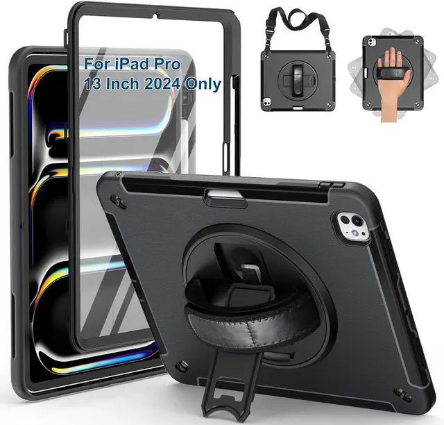 Main image of SUPFIVES Case for iPad Pro 13 Inch 2024 (7th Gen), Upgraded Military Shockproof TPU Protective Cover with Screen Protector/Shoulder Strap/Pencil Holder/Handle/Rotating Stand, Black
