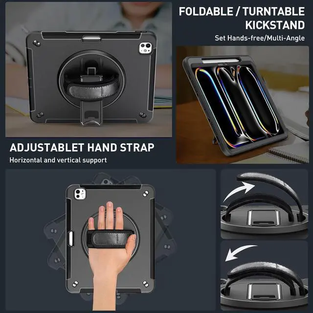 Alt view image 4 of 7 - SUPFIVES Case for iPad Pro 13 Inch 2024 (7th Gen), Upgraded Military Shockproof TPU Protective Cover with Screen Protector/Shoulder Strap/Pencil Holder/Handle/Rotating Stand, Black