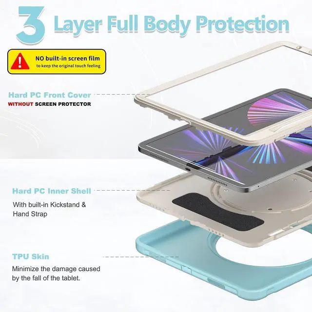 Alt view image 5 of 7 - BATYUE Case for iPad Air 11-inch M3 (2025) / M2 (2024), iPad Air 5th/4th 10.9 inch(2022/2020), iPad Pro 11" 4th/3rd/2nd/1st, Shockproof Cover with 360° Rotating Stand, Pencil Holder, Frozen