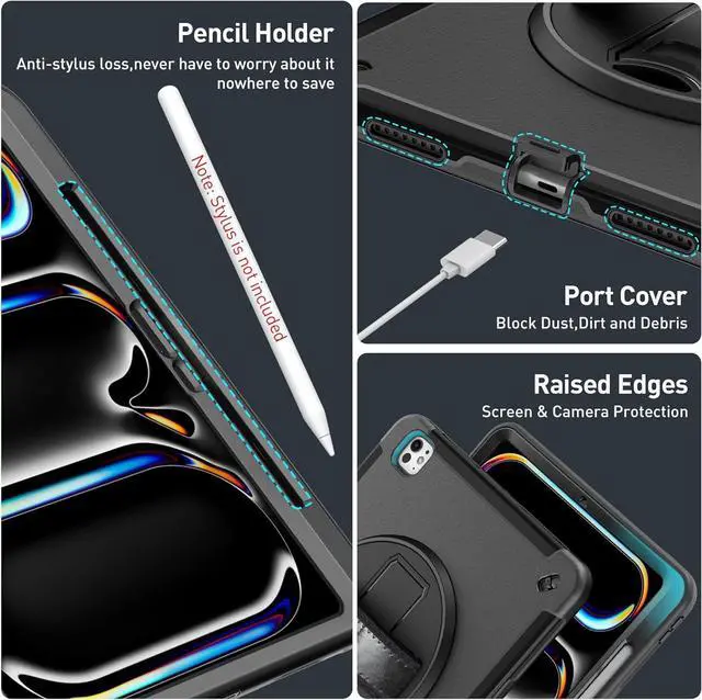 Alt view image 5 of 7 - SUPFIVES Case for iPad Pro 13 Inch 2024 (7th Gen), Upgraded Military Shockproof TPU Protective Cover with Screen Protector/Shoulder Strap/Pencil Holder/Handle/Rotating Stand, Black