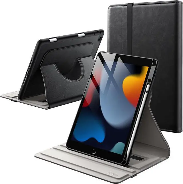 Main image of JETech Rotating Case for iPad 9/8/7 (10.2-Inch, 2021/2020/2019 Model, 9th/8th/7th Generation) with Pencil Holder, 360 Degree Rotation PU Leather Folio Protective Cover (Black)