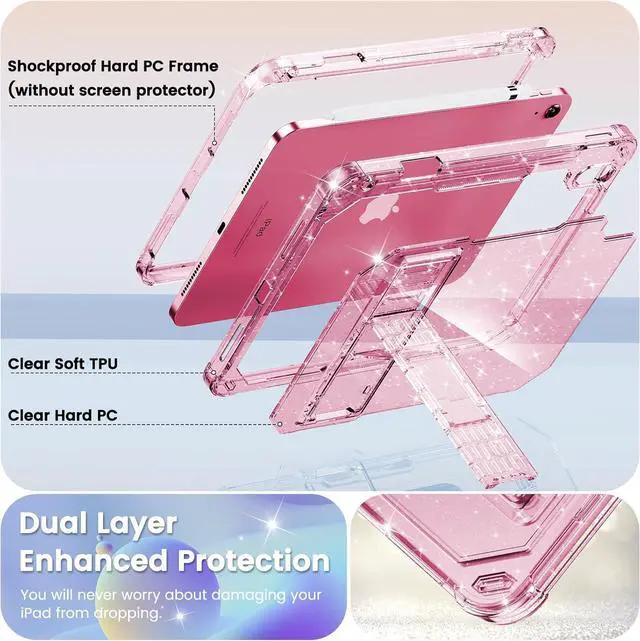 Alt view image 4 of 7 - INFILAND Kids Case for iPad A16 11 inch 11th Generation,iPad 10th Generation Case 10.9 Inch, Heavy Duty Shockproof Protective Cover with Stand, Glitter Clear Cute Shell for Girls, Women, Pink