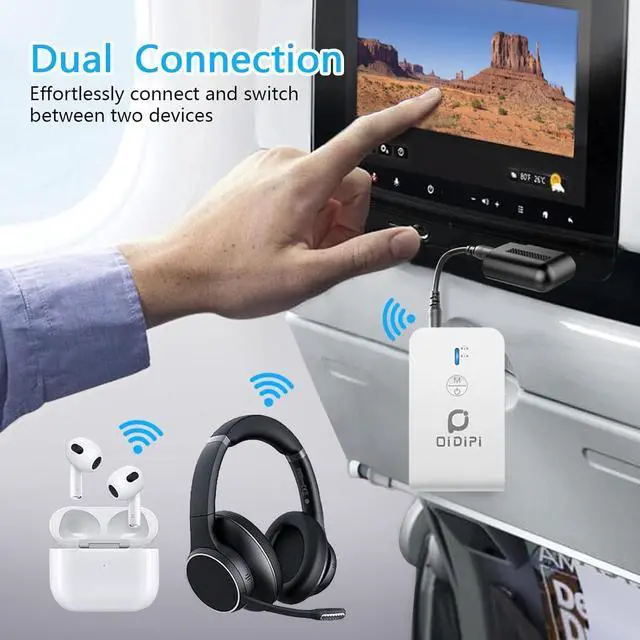 Alt view image 2 of 6 - Blutooth 5.3 Receiver & Transmitter, AptX Low Latency, Supports 2 Wireless Headphones or AirPods for Airplane, TV, PC, Gym, Switch, Bluetooth Receiver for Car/Home Stereo (White)