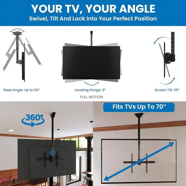 Alt view image 4 of 7 - Mount-It! TV Ceiling Mount Bracket, Adjustable Height Full Motion 360 Deg Rotation Tilting Swiveling for Flat Panel LCD LED OLED Plasma TVs, Fits up to 75 Inch 110 Pound Capacity, Black (MI-509B)