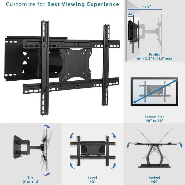 Alt view image 3 of 7 - Mount-It! Full Motion TV Wall Mount for Large TVs 4080 Inch, Heavy-Duty Dual Arm Articulating TV Mount with Swivel and Tilt, 132 lb Capacity, Low Profile Extendable Wall Mount, VESA 100x100600x400