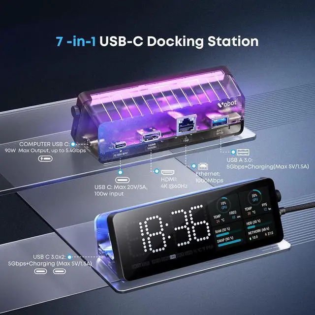 Alt view image 2 of 7 - Laptop Docking Station 7-in-1 USB C Docking Station with Screen Multiple Built-in Apps USB C Dock with HDMI 4K@60Hz 90W Max Power Delivery 1 Gbps Ethernet Multiport Adapter for /HP/MacBook
