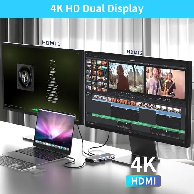 Alt view image 3 of 7 - Docking Station Dual Monitor for MacBook/Dell/HP/Lenovo Laptop, Dual 4K HDMI Adapter for 2 Monitors, 14-in-1 USB C Hub, USB C Docking Station with USB 3.1/100W PD/Ethernet/SD/TF/Audio/Mic