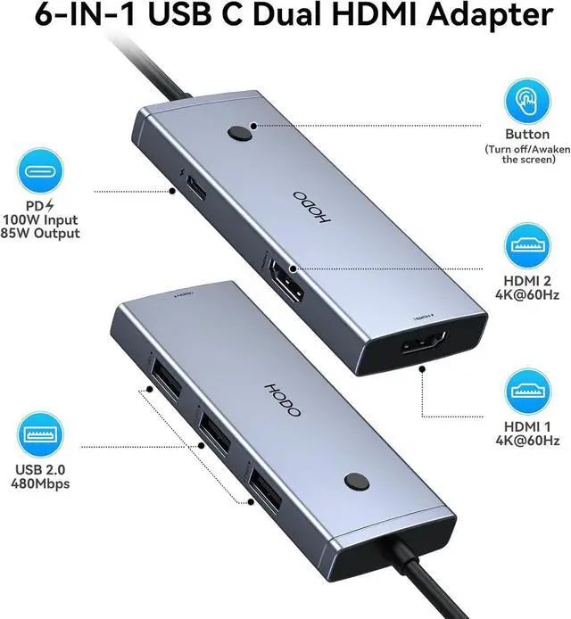 Alt view image 2 of 7 - HODO Docking Station to Dual HDMI Monitors Adapter USB C to Dual HDMI Adapter 4K 60 Hz for Laptops Docking Station Dual Monitor with PD 3 USB Port Button Compatible for HP Elitebook Dell XPS 13 15 etc
