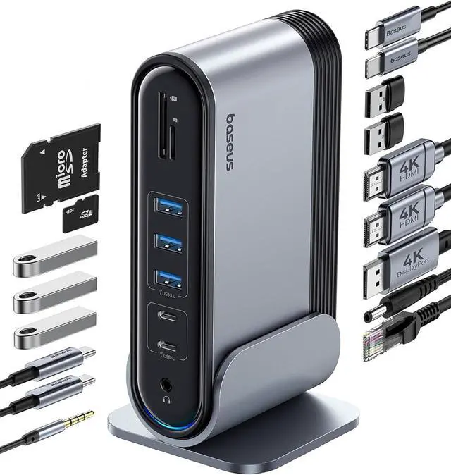 Main image of Baseus 17-in-1 Docking Station, Laptop Docking Station 3 Monitors with 3 * 4K HDMI, USB C Docking Station with 7 USB, 1000Mbps Ethernet, 100W PD, Card Readers Compatible with Acer/HP/Lenovo/Mac/