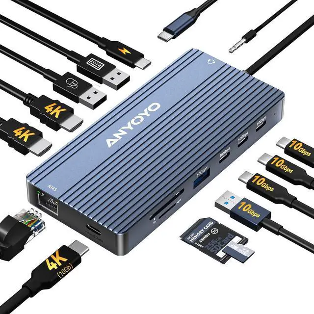 Main image of ANYOYO USB C Docking Station Dual Monitor 14-in-1 Docking Station 3 Monitor(2 HDMI+ Video Out) 10Gbps (4*USB-C+1A) +PD100W+Ethernet+SD/TF Laptop Dock Multiport Adapter for /HP/Lenovo/Thinkpad