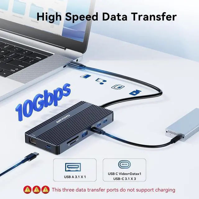 Alt view image 6 of 7 - ANYOYO USB C Docking Station Dual Monitor 14-in-1 Docking Station 3 Monitor(2 HDMI+ Video Out) 10Gbps (4*USB-C+1A) +PD100W+Ethernet+SD/TF Laptop Dock Multiport Adapter for /HP/Lenovo/Thinkpad