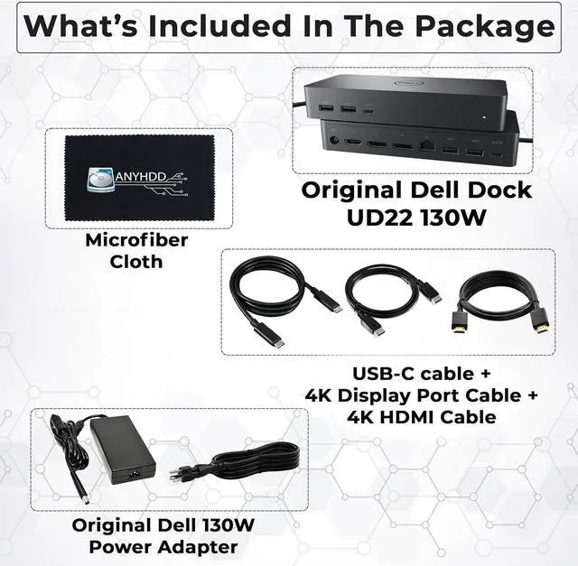 Alt view image 2 of 6 - UD22  Docking Station Dual Monitor Bundle - USB-C/USB-A Universal  Dock for Laptops with 130W Adapter + 4K HDMI Cable + 4K DisplayPort + USB-C Cable + Microfiber Cloth - Supports 4K Display