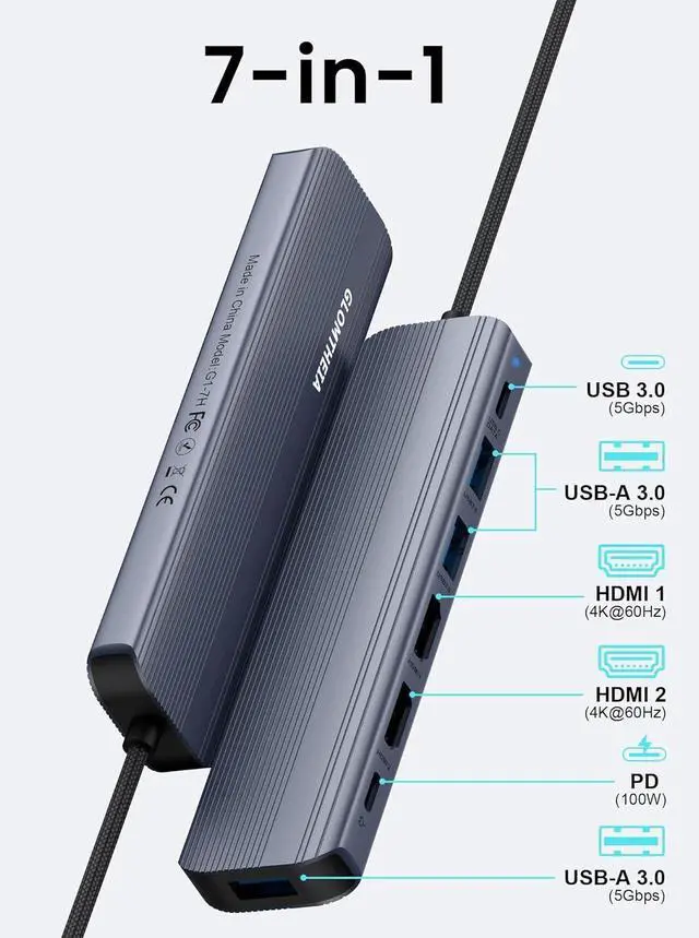 Alt view image 2 of 7 - USB C Hub Docking Station Dual Monitor Extend Display for MacBook Air/Pro Laptop, Adapter Multiport Dongle with 2 HDMI 4K 60Hz, 100W PD Charging, 3xUSB-A 3.0 & USB-C Data Port (5Gbps)