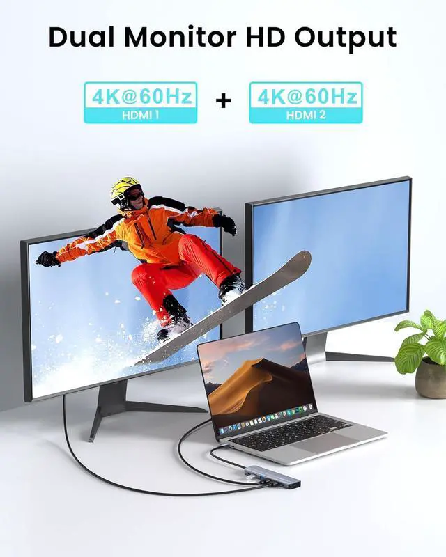 Alt view image 3 of 7 - USB C Hub Docking Station Dual Monitor Extend Display for MacBook Air/Pro Laptop, Adapter Multiport Dongle with 2 HDMI 4K 60Hz, 100W PD Charging, 3xUSB-A 3.0 & USB-C Data Port (5Gbps)