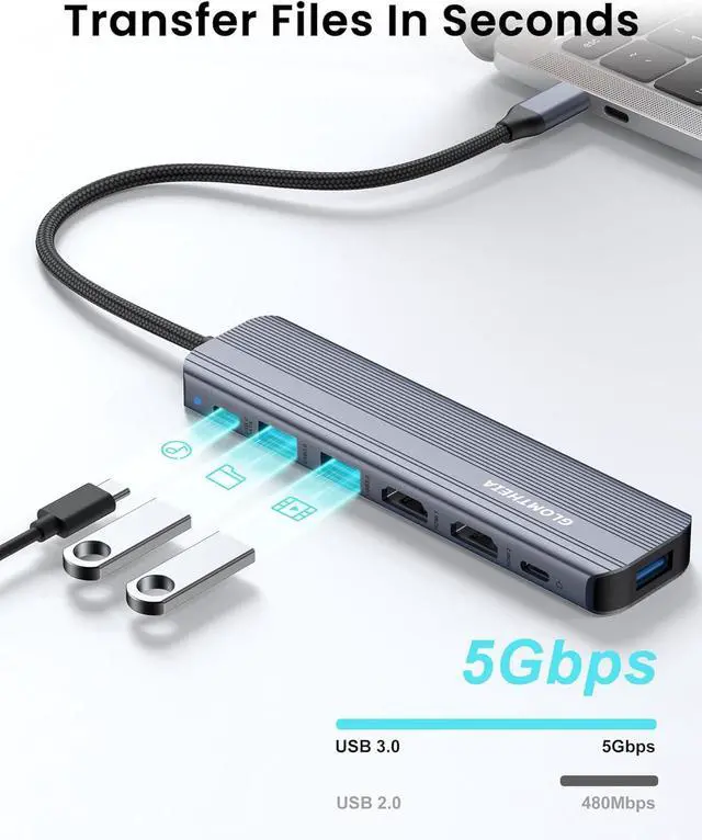 Alt view image 5 of 7 - USB C Hub Docking Station Dual Monitor Extend Display for MacBook Air/Pro Laptop, Adapter Multiport Dongle with 2 HDMI 4K 60Hz, 100W PD Charging, 3xUSB-A 3.0 & USB-C Data Port (5Gbps)